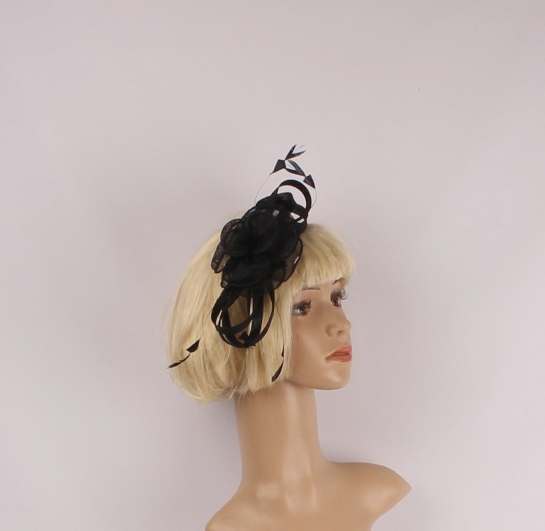  Fascinator w sinamay flower and feathers black Style : HS/3011/BLK image 0